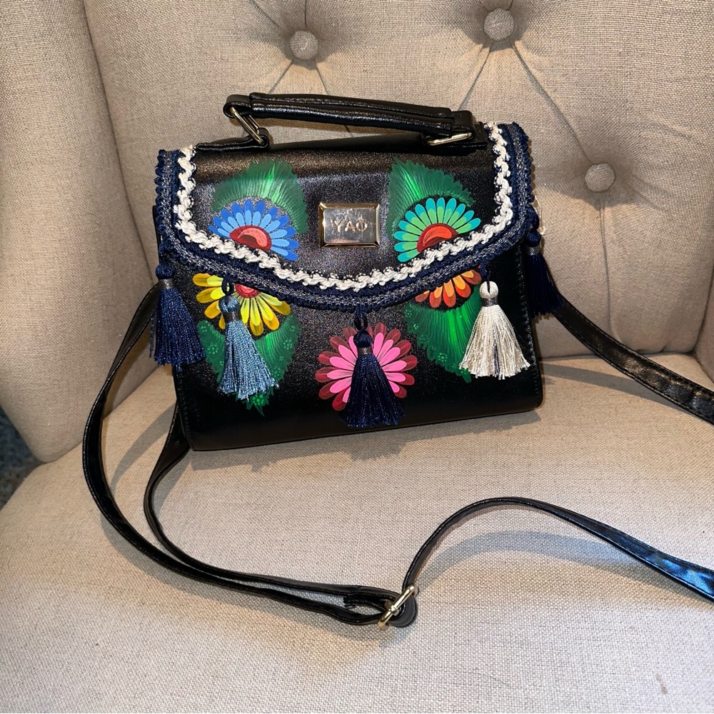 Hand Painted Mexican Flowers Tassels, Trim crossbody shoulder purse Brand YAO